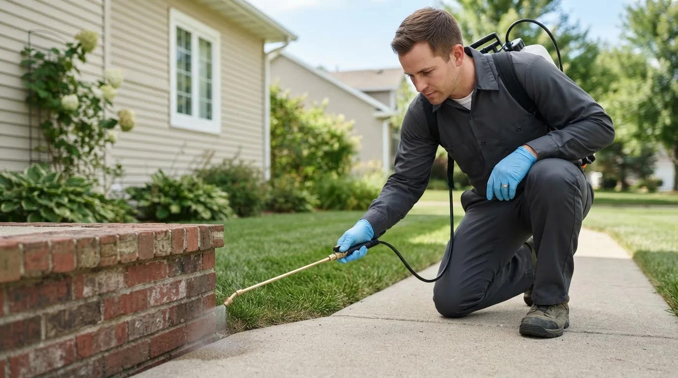 Pest control technician treating a home near Vanlue, OH