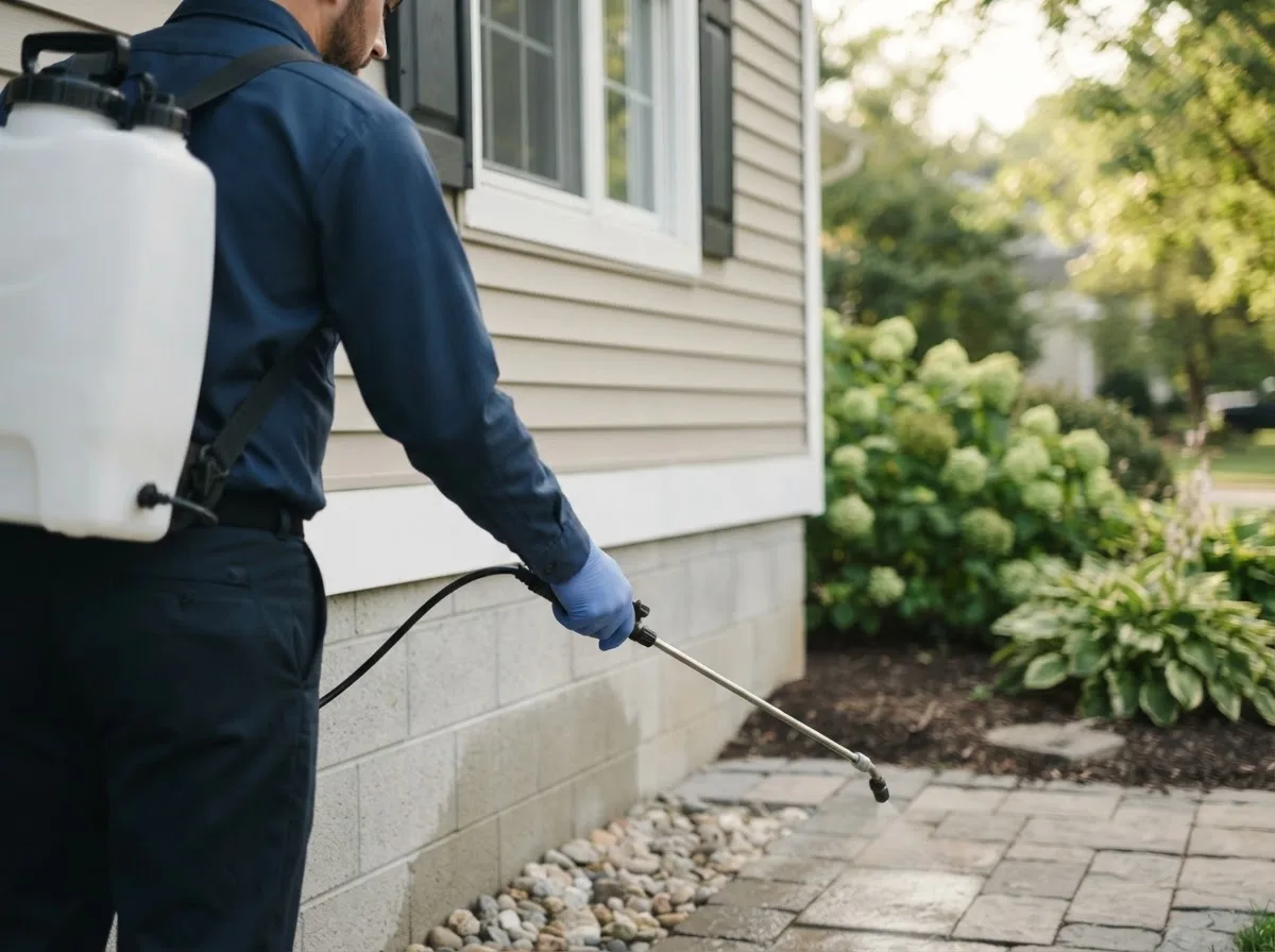 Pest control technician inspecting a home in Vanlue, OH
